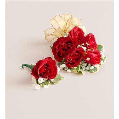 Red Spray Corsage & Bout Gold Bow